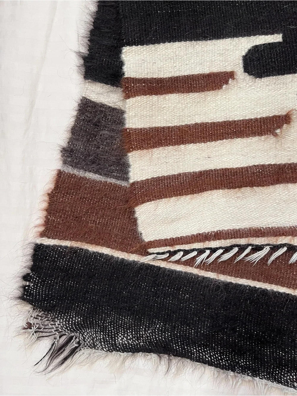 Midcentury Geometric Turkish Siirt Blanket | Goat Mohair, Brown | Small Accent